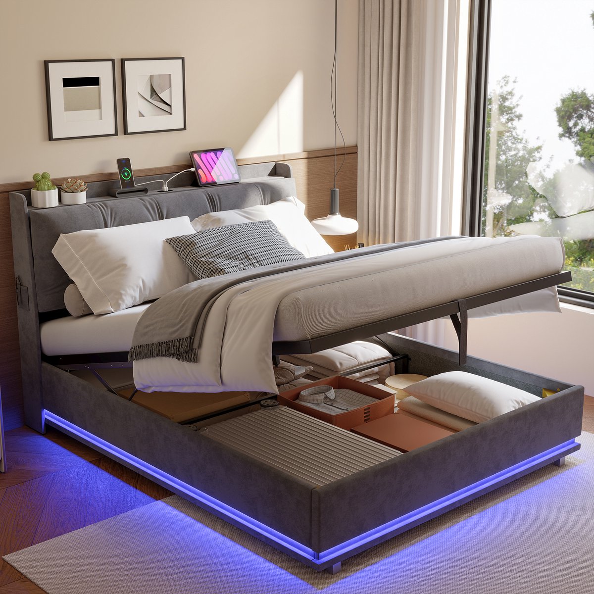 Opbergbed 140x200 cm met RGB LED-verlichting, gewatteerd hoofdbord, USB- en Type-C-poorten, lattenbodem met hydraulische opbergruimte, Tweepersoonsbed, bed voor volwassenen en tieners, fluwelen Grijs