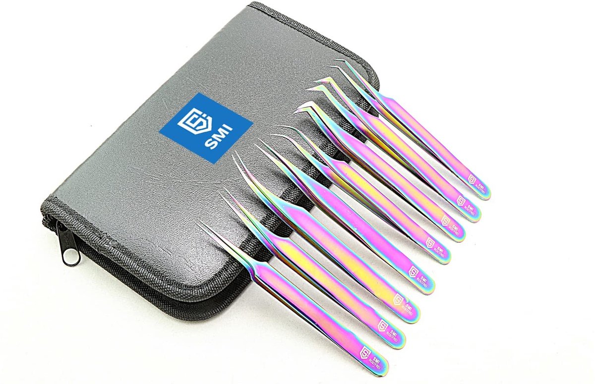 Omgoods - 8-delige Wimperpincet Set voor Wimperextensions met Pencil Case