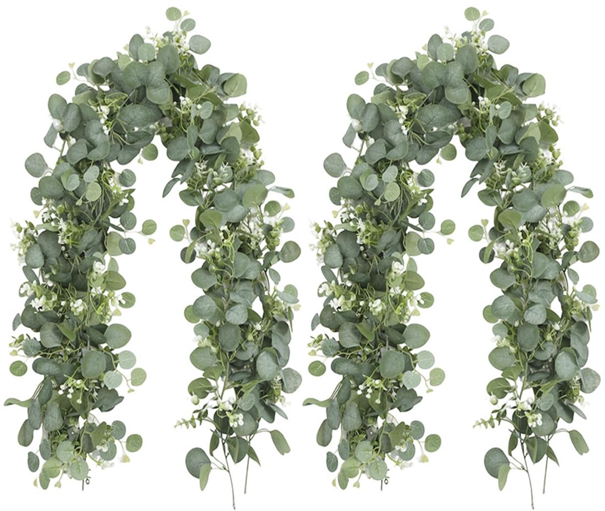 SnelShoppen - Eucalyptus Garland, 2 Stuks, 1.8 m, Kunstplanten, Bloemenkrans, Klimopguirlande, Decoratie voor Communie, Eucalyptus, Groen, Voor Bruilo