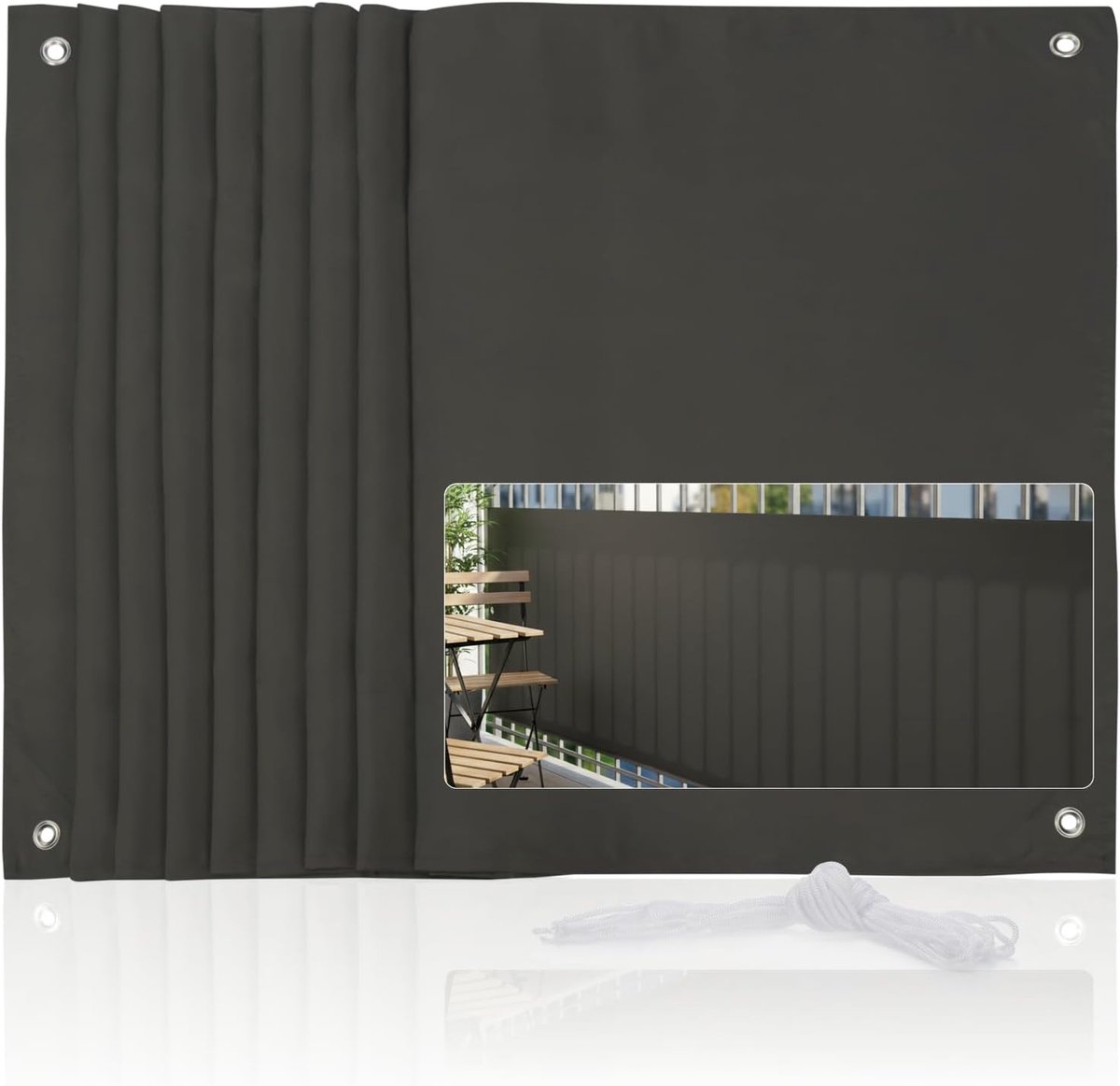 SnelShoppen - Opaque Balkon Privacy Screen - Balkonafscherming met Koord - Wind- en Zonbescherming voor Balkon (1 Stuk - 440 x 71 cm - Donkergrijs)