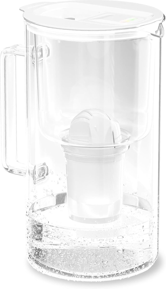 SnelShoppen - Waterfilterkan met LED Indicator, 2 Liter, Glazen Waterfilterkaraffe, Compacte Waterfilterkan met Actieve Koolstoffilter, BPA Vrij - Wit