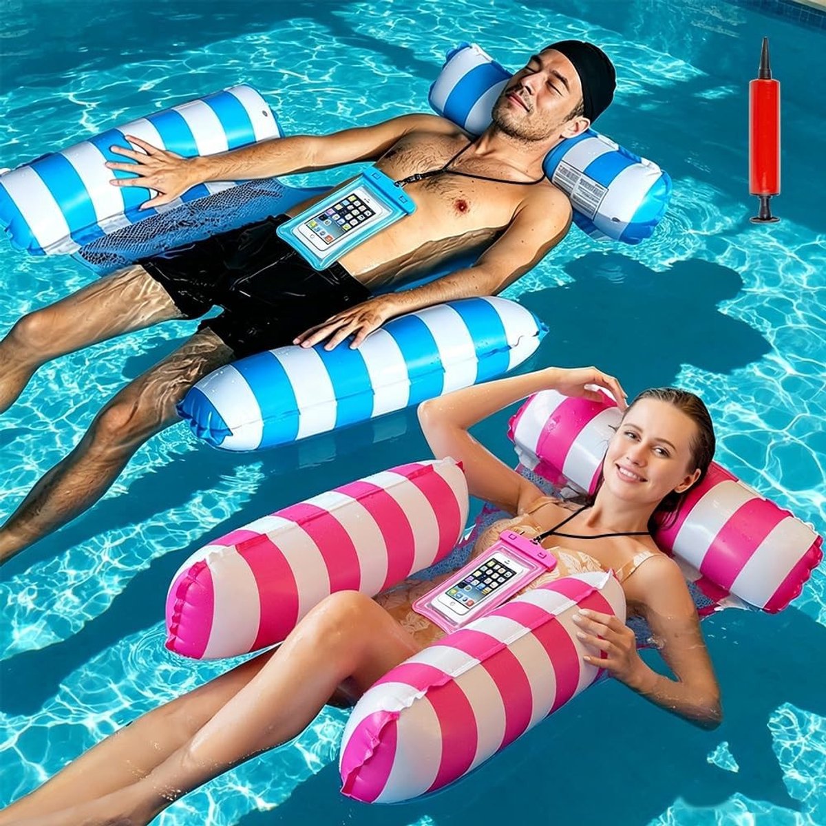 2 Stuks Opblaasbare Luchtbedden voor Zwemmen, 4-in-1 Water Hammock met Telefoonhoes en Pomp, Ideaal voor Zwembad, Strand en Vakantie met Rugleuning en Armsteunen