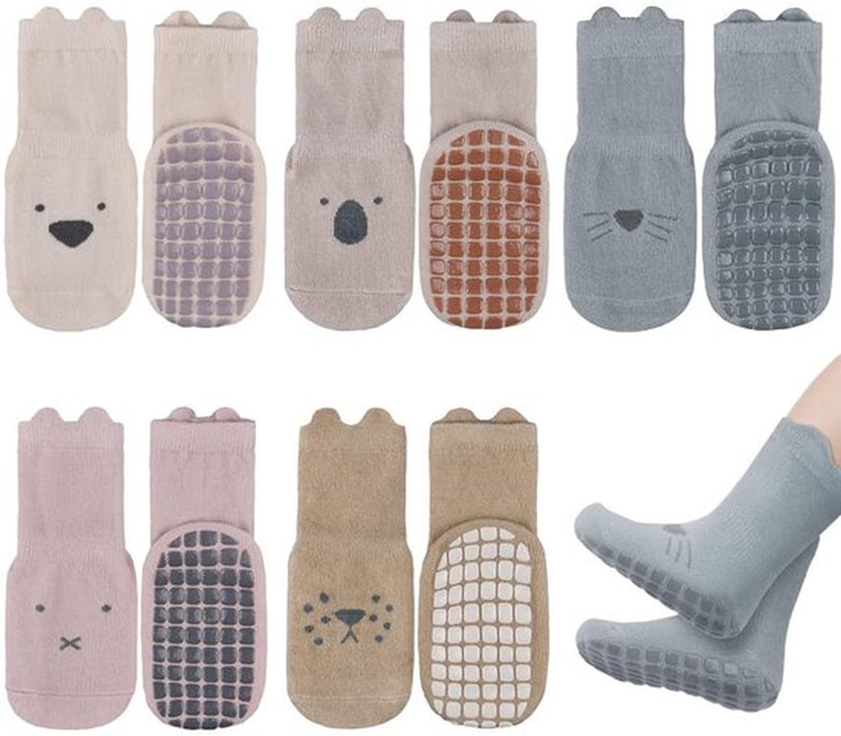 Antislipsokken voor baby's, 5 paar katoenen babysokken, schattige kattensokken voor peuters, antislipsokken voor baby's, peuters en kinderen (1-3 jaar)
