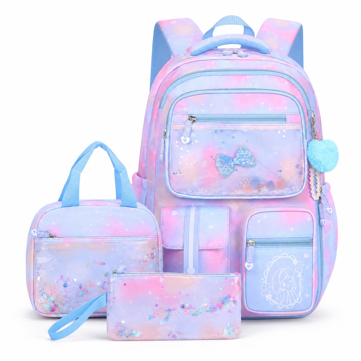3PCS - Rugzak meisje - Schooltas meisje - Tiener rugzak - 25L - Inclusief etui en dinertas - Lichtgewicht - Waterafstotend - Grote capaciteit - Voor basisschool en middelbare school - 45*32*18cm - Blauw
