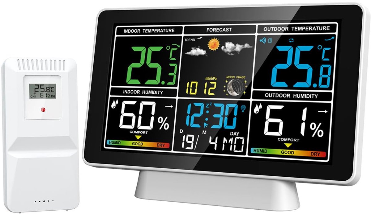 SnelShoppen - Digitale Weerstation met Binnen- en Buitensensor, Draadloze Digitale Alarmklok, Barometer, Temperatuur- en Vochtigheidsmonitor, Weersvoo