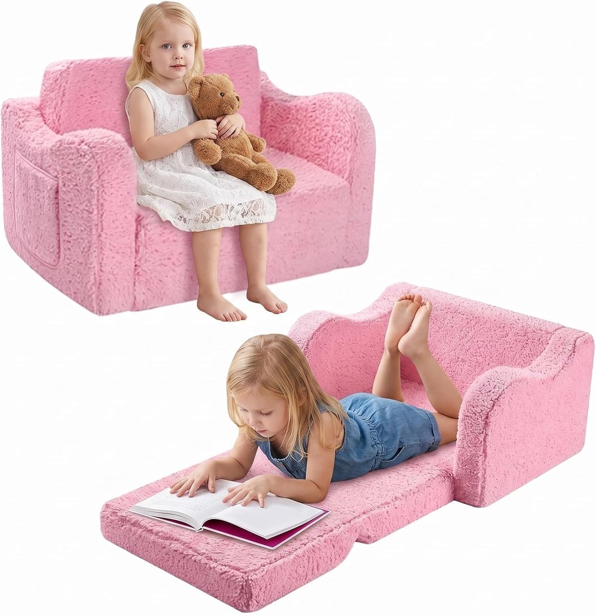 2-in-1 kinderbank en relaxstoel voor de kinderkamer, om te bouwen tot ligstoel of kinderbed, met afneembare hoes en knuffelhoek (roze)