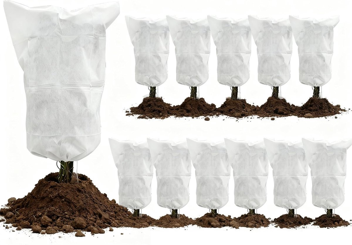 SnelShoppen - 12 Stuks Plantenhoezen Voor Vriesbescherming, Herbruikbare Wintervorstdoek Voor Buitenplanten, Met Trekkoord Zakken, Bescherming Tegen K