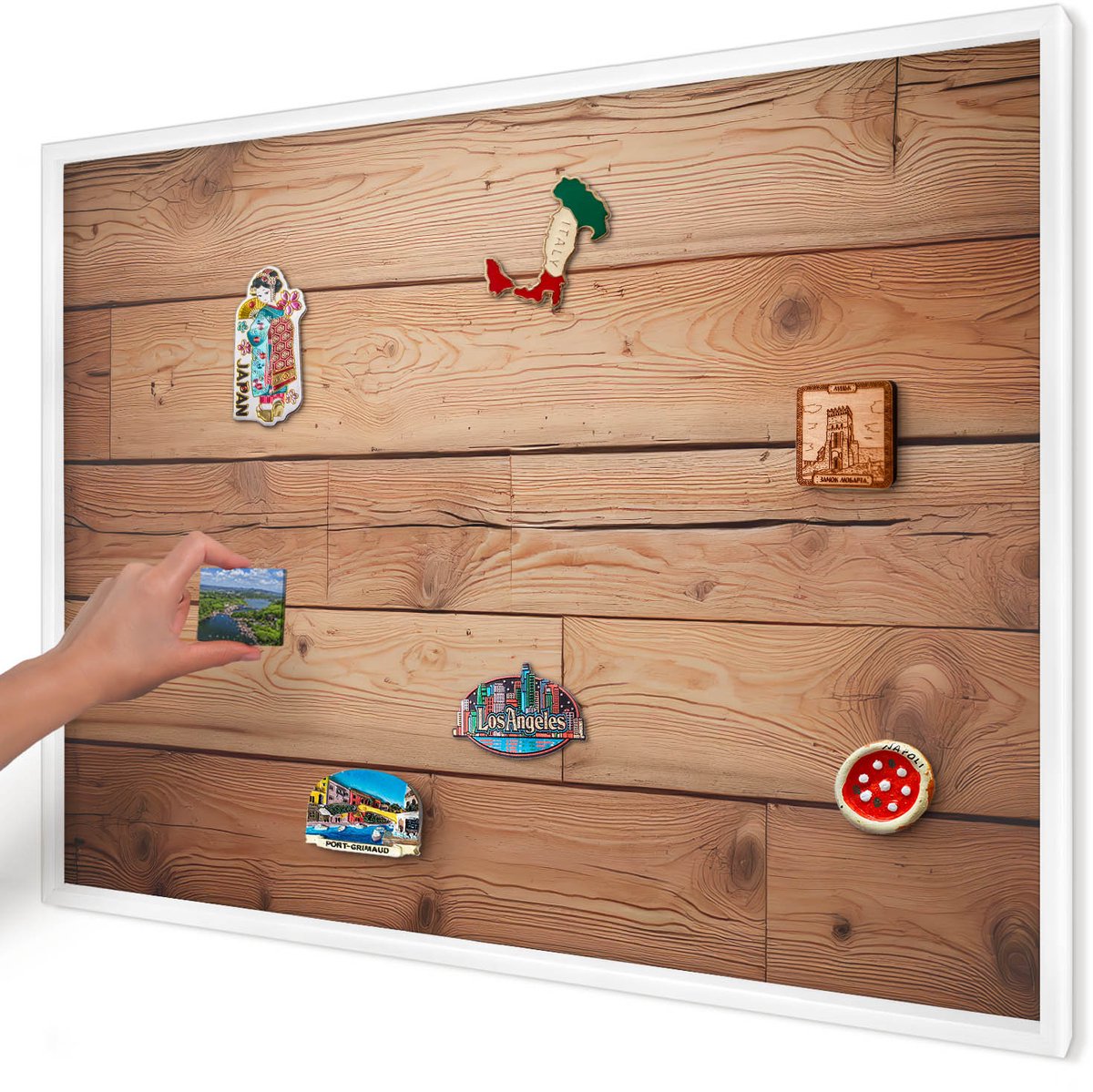 Artprintcave Bruin Magneetbord mit Witte Lijst - 100x70 cm - Houten Planken Magnetische Organizer - Rustiek Magneetbord Voor Foto's - Texturen