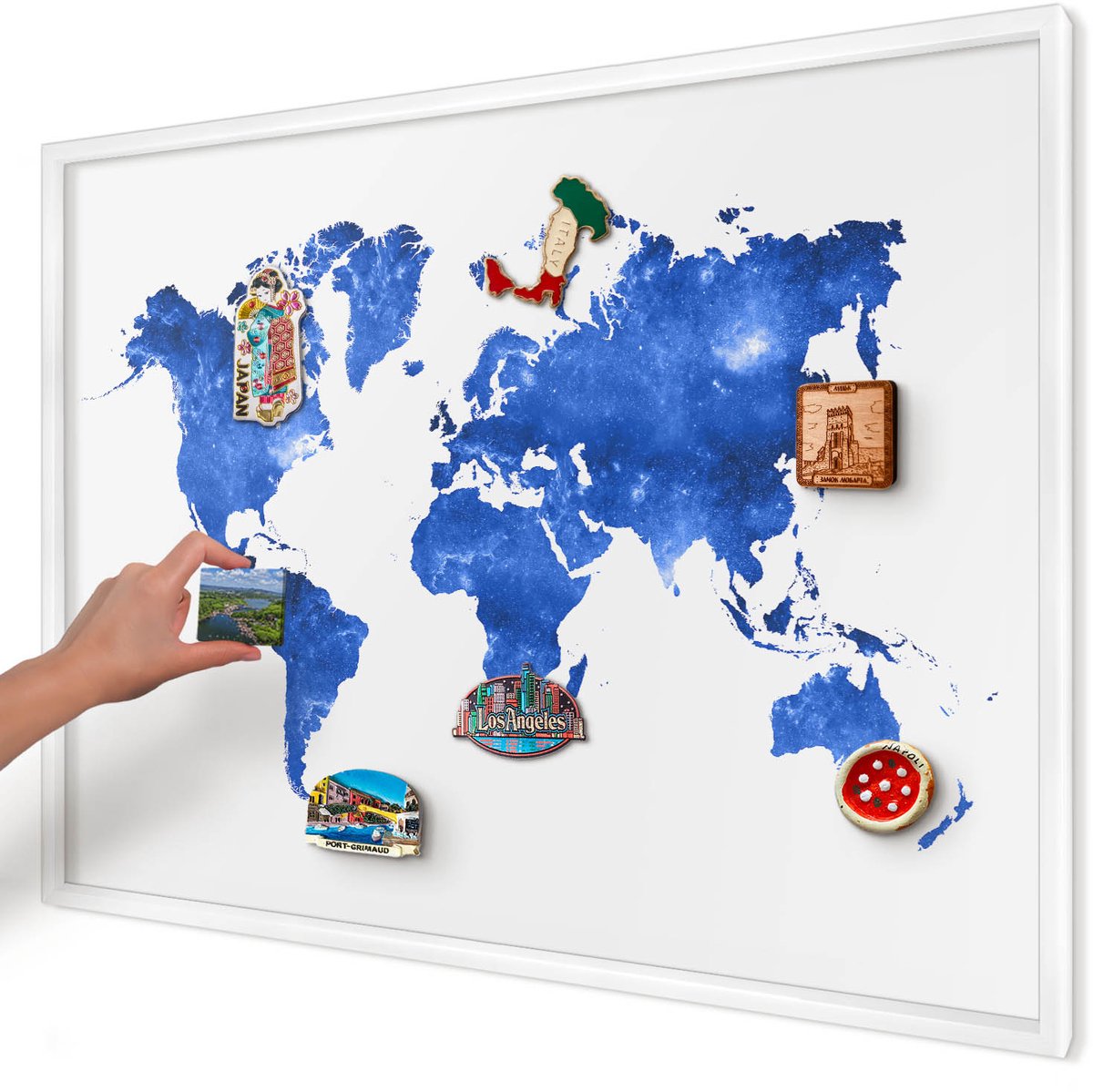 Artprintcave Blauw Magneetbord mit Witte Lijst - 100x70 cm - Wereldkaart Magneetbord Voor Foto's - Abstract Magneetbord Voor Keuken - Kaarten