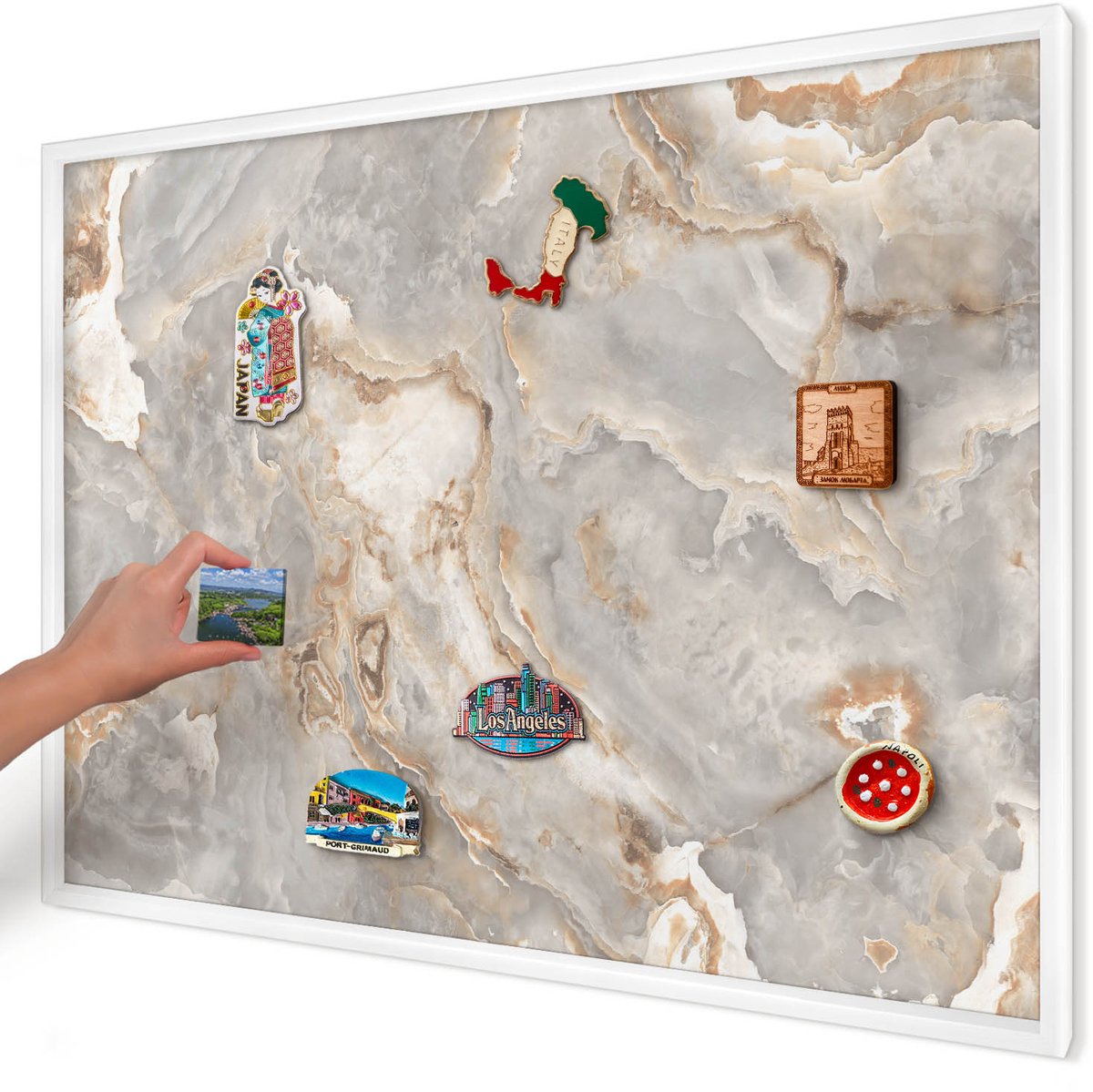 Artprintcave Grijs Magneetbord mit Witte Lijst - 100x70 cm - Marmeren Elegantie Memobord Keuken - Abstract Magneetbord Voor Keuken - Abstractie