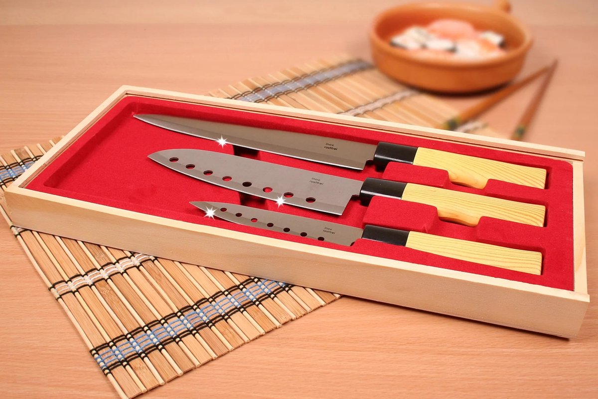 3-delige Aziatische sushimessenset in houten etui