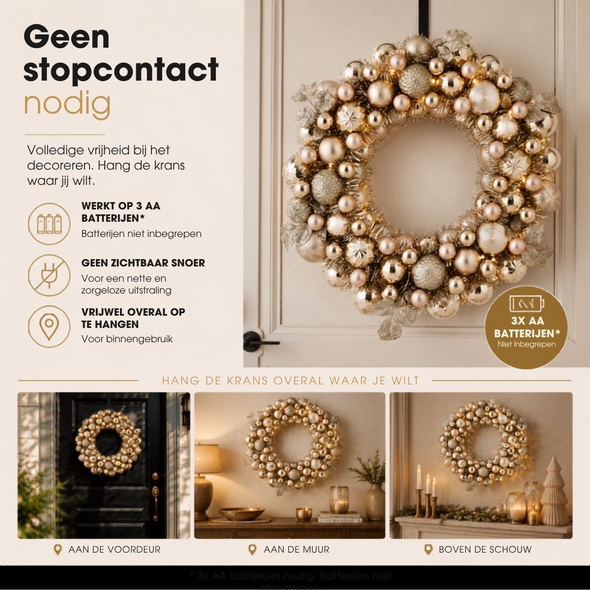 Mica Decorations Kerstkrans met Verlichting - Deurkrans H8,5 x Ø47 cm - Kerst Krans met Timer en Kerstballen - Multifunctionele Kerstversiering - Champagne – foto 4