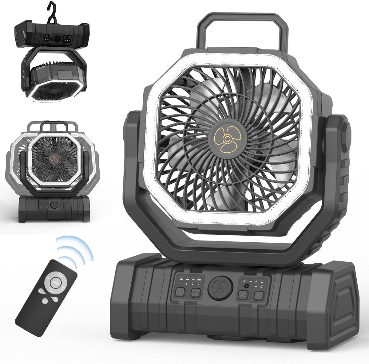 SnelShoppen - Draagbare Campingventilator met LED-Licht, 4 Standen, 20.000 mAh, Afstandsbediening, USB-Tafelventilator, Stil voor Vissen, Picknick, Ba