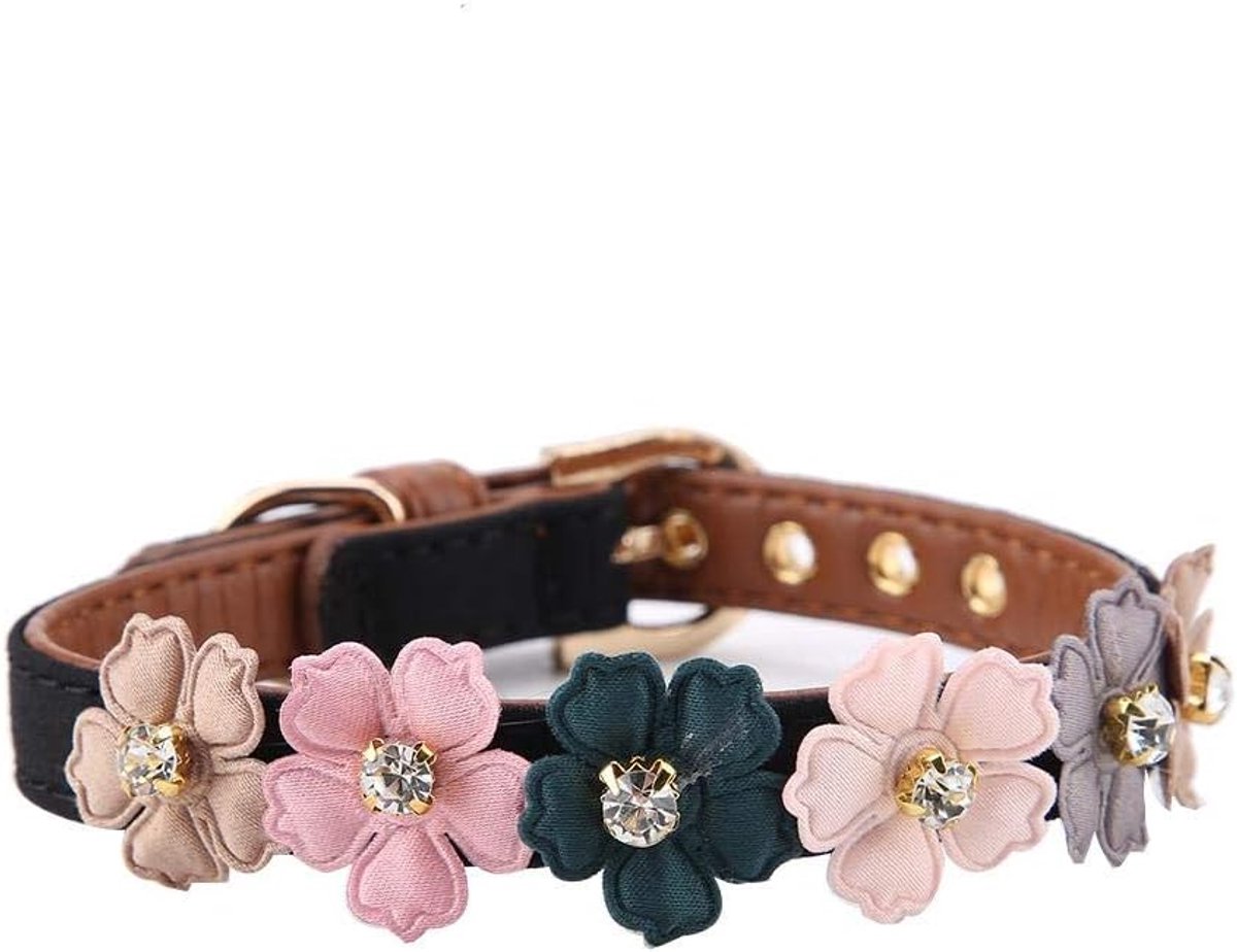 Dog Diamond Flower Collar, verstelbare PU lederen Dog Pet Collar gesp ketting voor puppy kraag sieraden accessoire(1.3 * 34cm-Zwart)