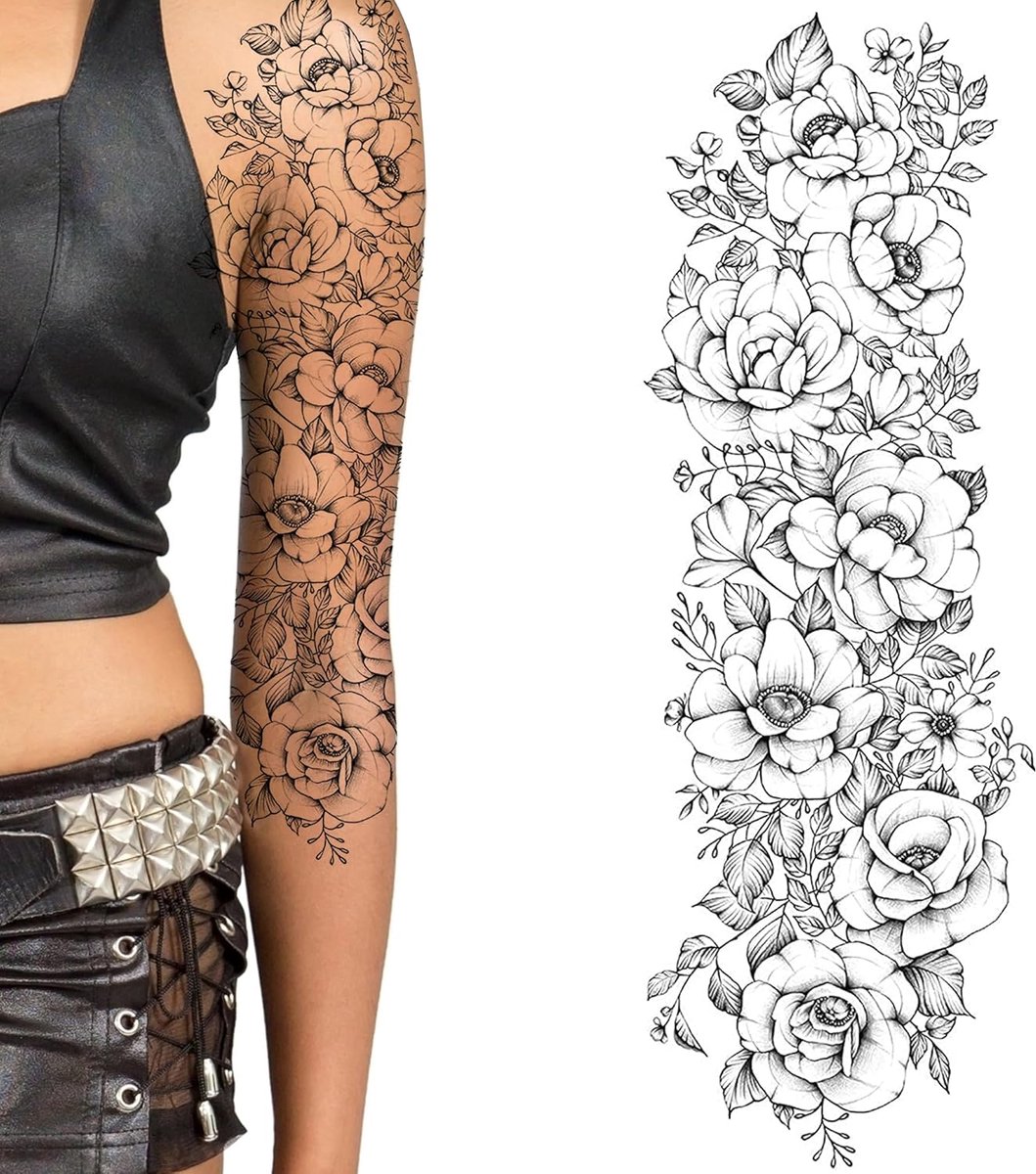 Tijdelijke tattoo mouw voor vrouwen Stok op bloem roos flora bloemen volwassen tijdelijke tattoo sticker overdracht vrouwelijke body art realistisch waterdicht (Blossom)