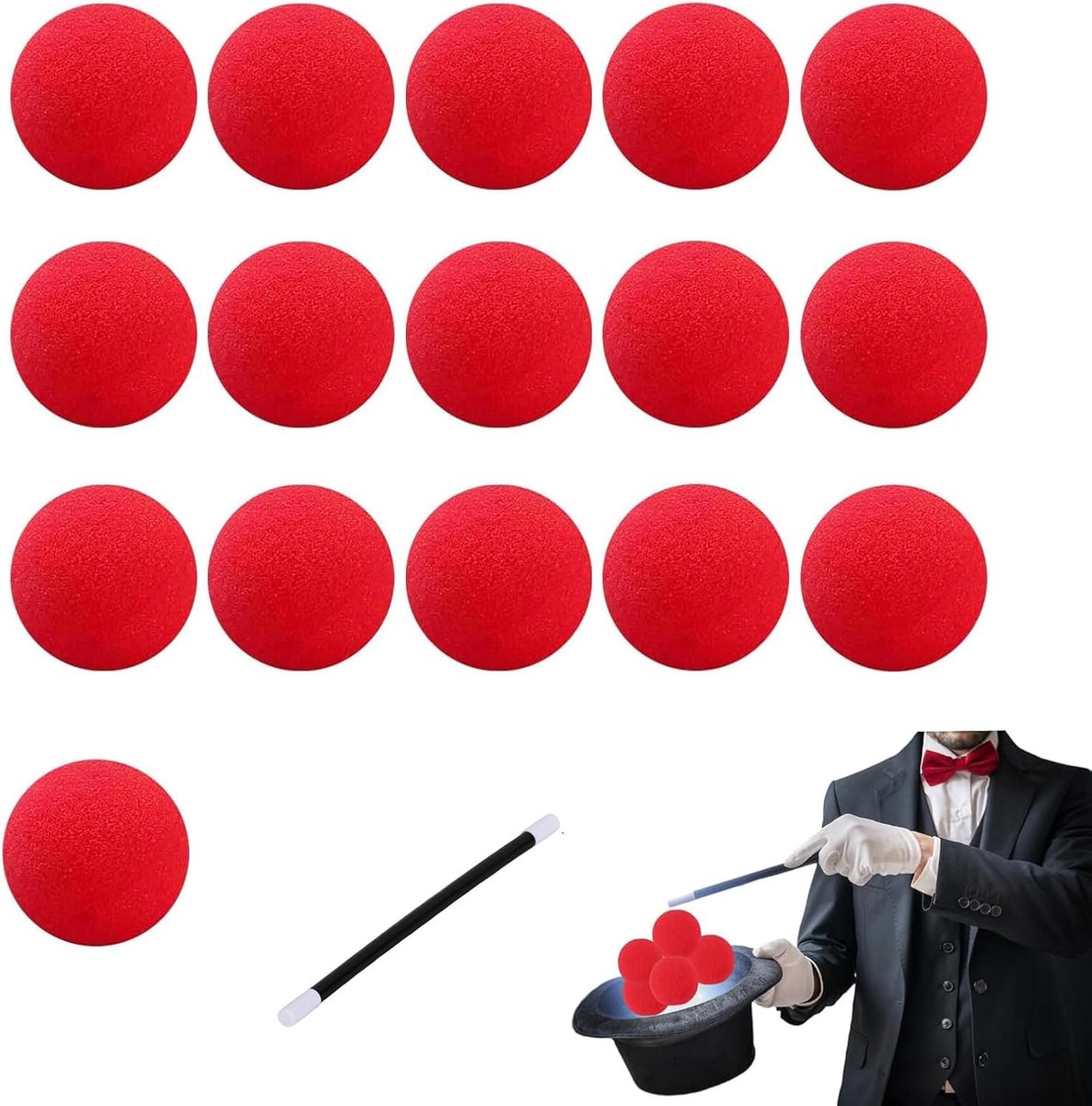 16 stuks rode sponsballen, 5 cm, magische schuimballen, kleine zachte schuimballen, magische schuimballen, magische schuimballen, carnaval, Halloween, tovertrucs, 1 toverstaf