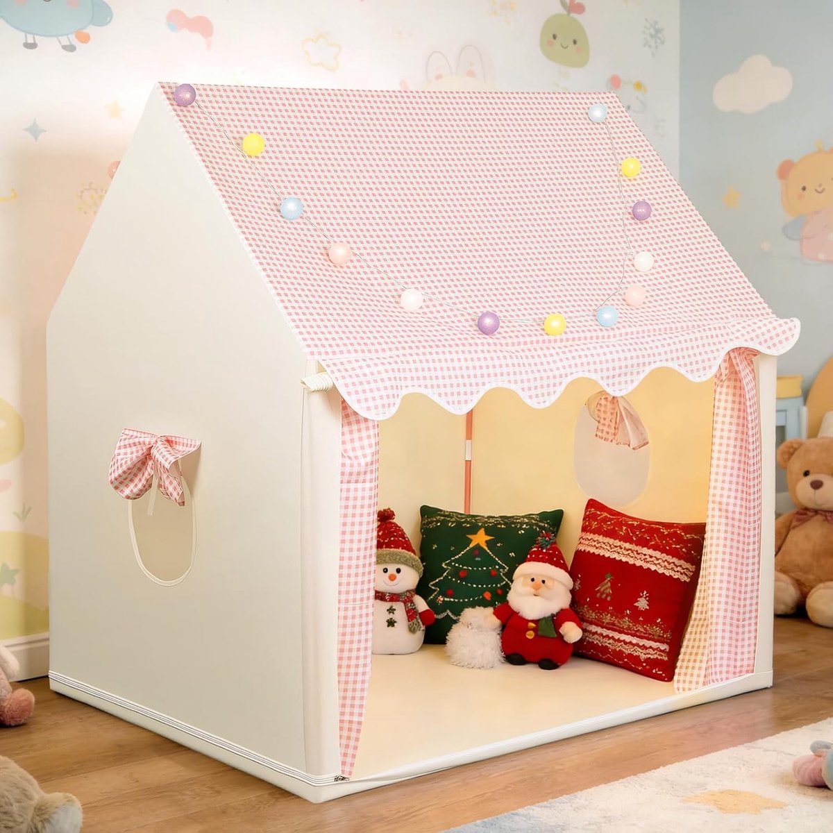 eSynic Kinderspeeltent met Decoratieve LED-verlichting, Speelhuisje Activiteiten- en Rustruimte met 2 Ramen voor 2-3 Kleintjes, Lees- en Studieruimte, Eenvoudig te Monteren - Roze met Ruitjespatroon