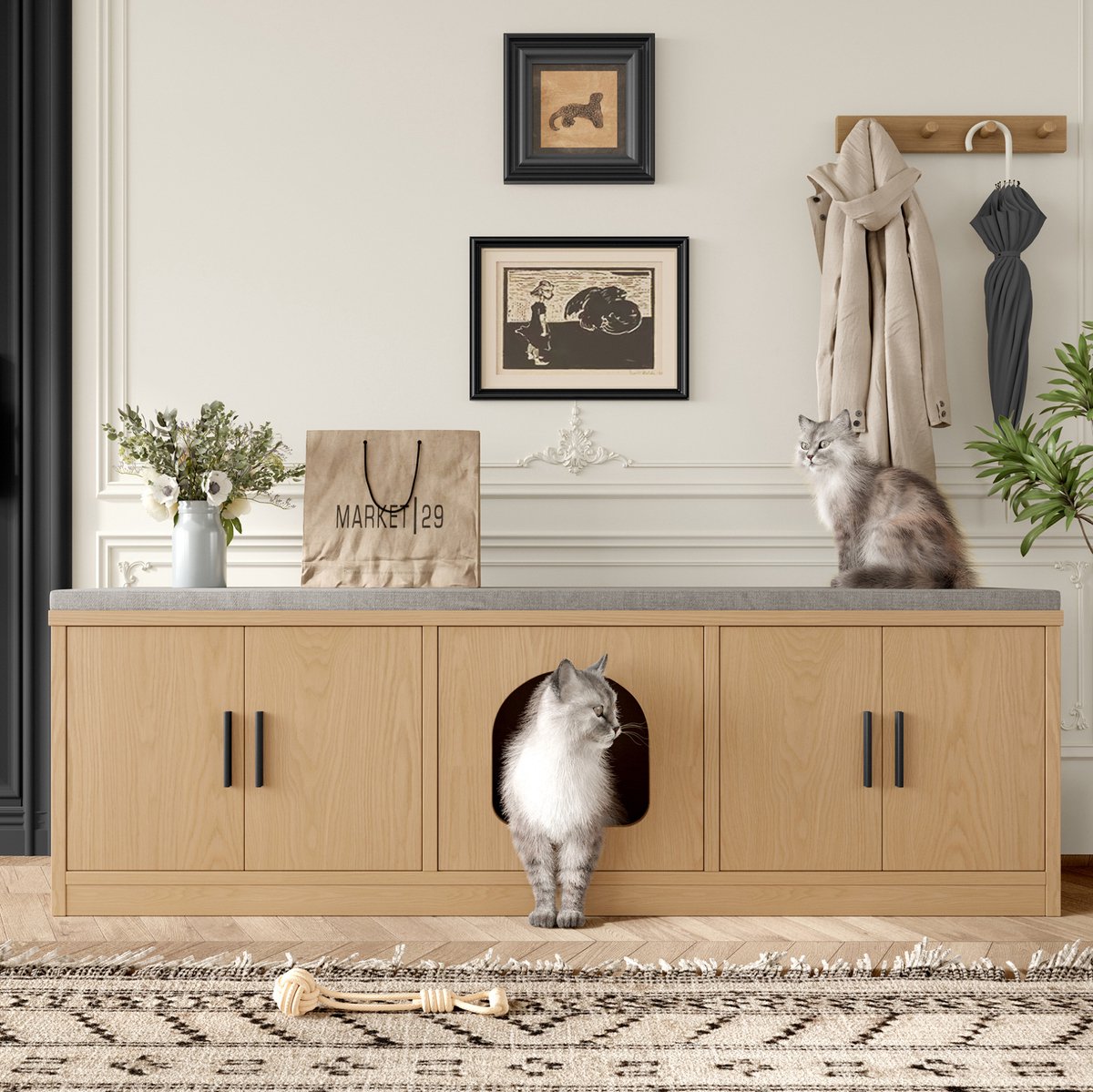 REDOM - Krabmeubel met verborgen kattenbak - Verstelbare legplanken en krabmat - Opbergkast met ventilatie - Eiken look - 140 x 40 x 45,5 cm