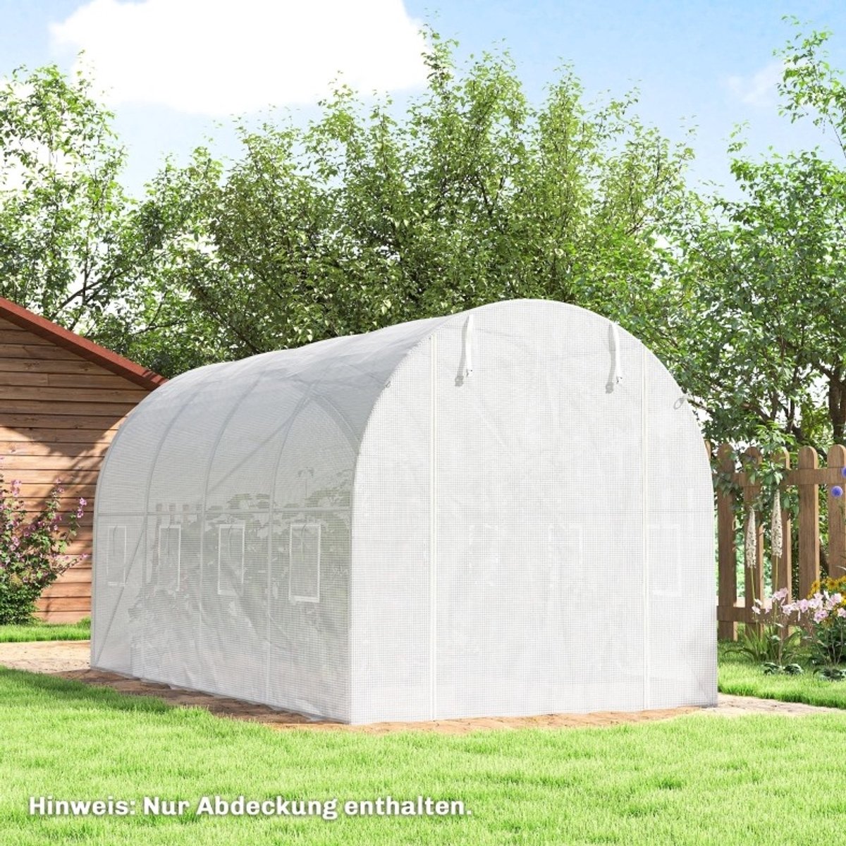 REDOM - Kasfolie - 140 g/m2 PE met rasterversterking - UV-bescherming en waterdichte afdekking - Met 8 ramen en oprolbare ritssluitingdeur - Wit - 400 x 200 x 200 cm