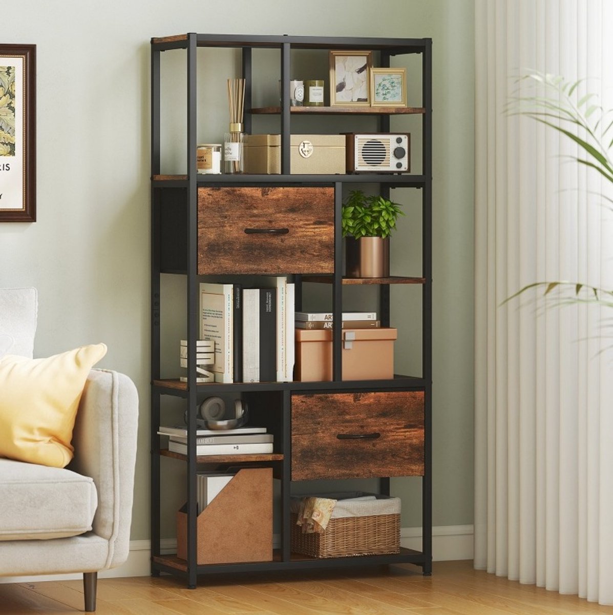 COVREO Opbergrek 72,5 x 30 x 150 cm, rustic brown zwart, met 2 stoffen lades
