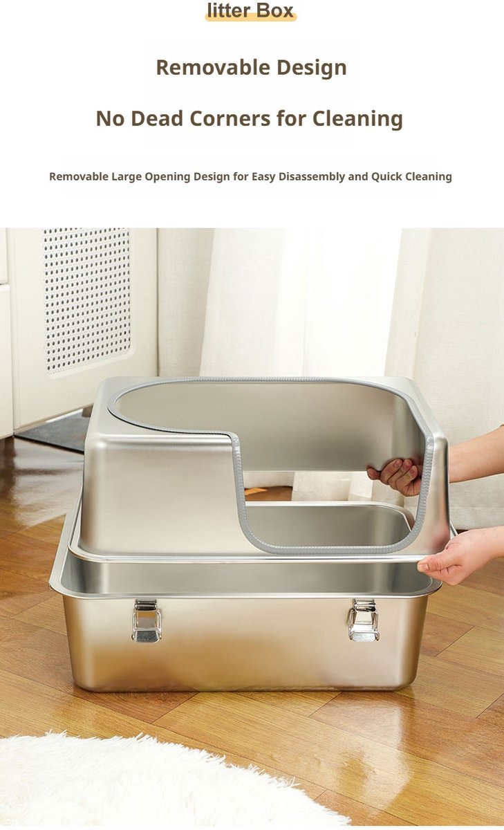 GYW Steel Litter Box- Kattenbak - Vol roestvrij staal - Open deksel - Anti-Slip Pads