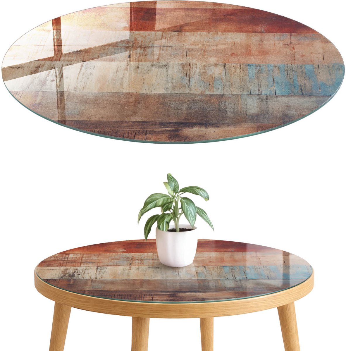 ArtPrintCave Retro boards Glazen Tafelblad fi70 cm - Tafelblad Rond - Bruin Glasplaat - Texturen Tafelblad Glas