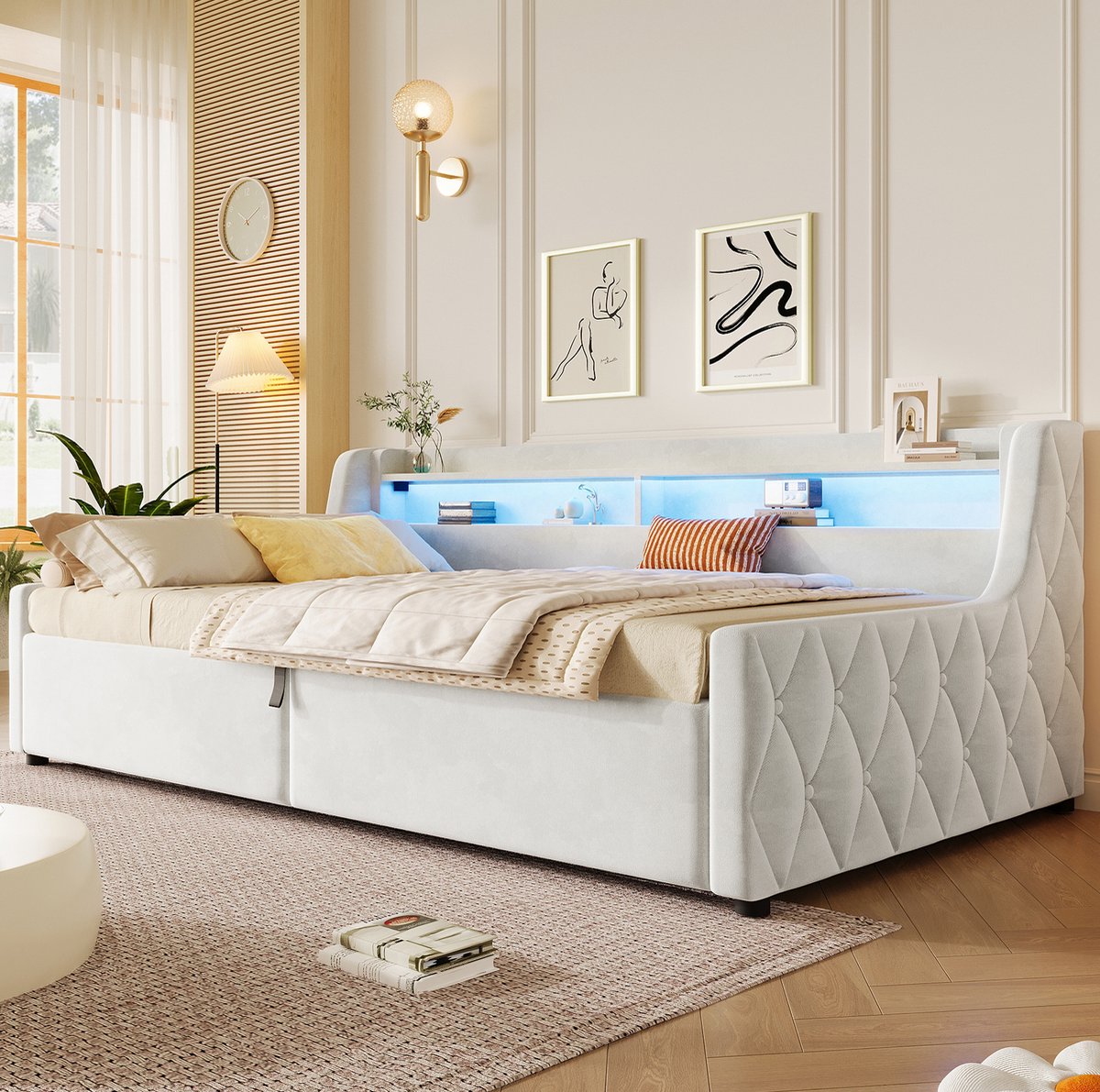 FloraGrace Bed 90x200 cm - Bed met Opbergruimte en LED-Verlichting - Hydraulisch Liftmechanisme - Zonder Matras - Flanel - Beige