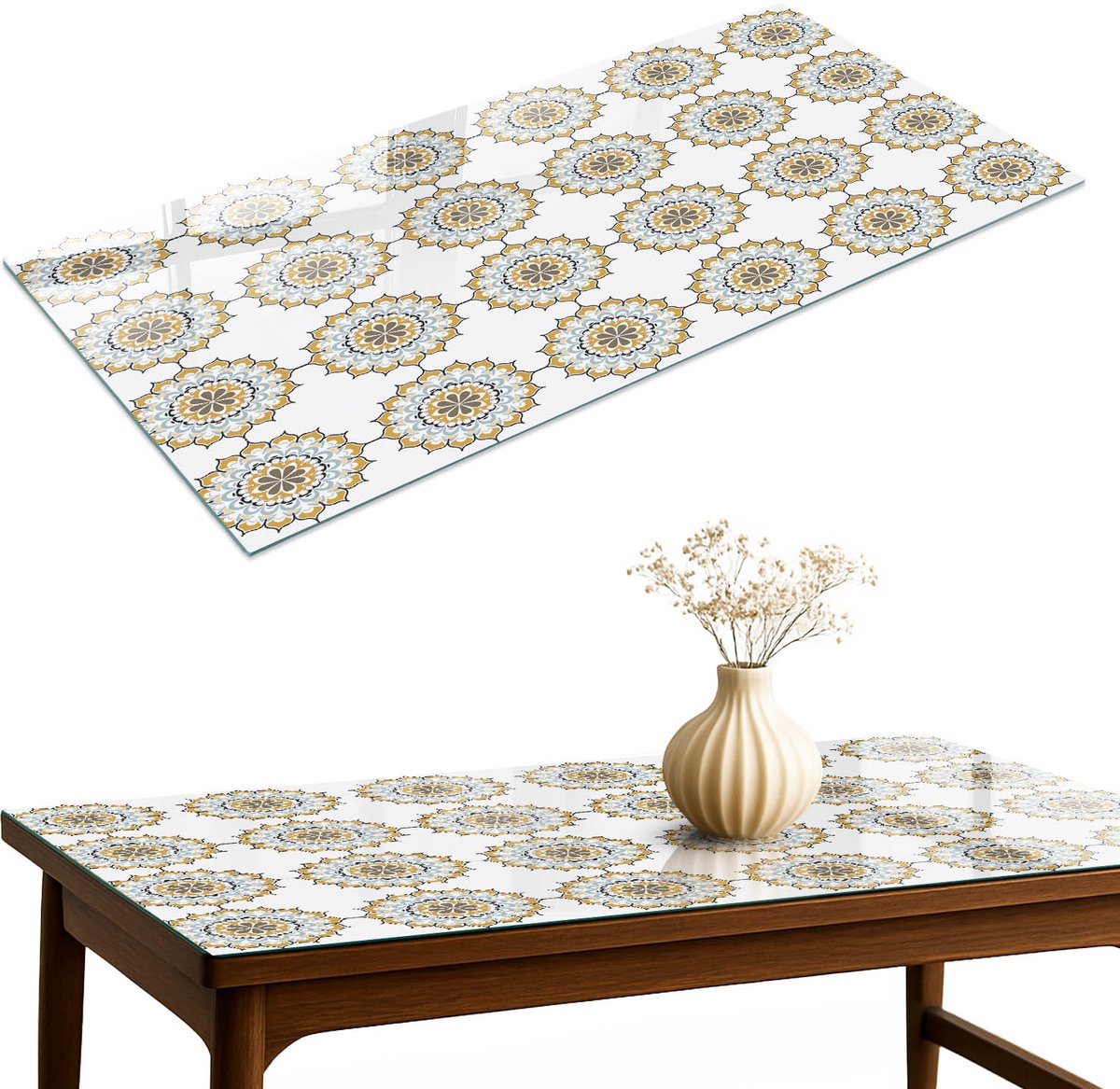 ArtPrintCave Geometrische bloemen Glazen Tafelblad 120x60 cm - Tafelblad Rechthoek - Wit Glazen Eettafel - Achtergronden en patronen Terrastafel