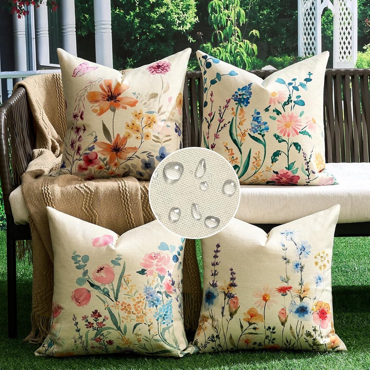 Decoratieve Kussenhoezen 40 x 40 cm Waterdicht Linnen met Vlinders en Tuinbloemen - Set van 4 voor Buiten, Slaapkamer en Woonkamer
