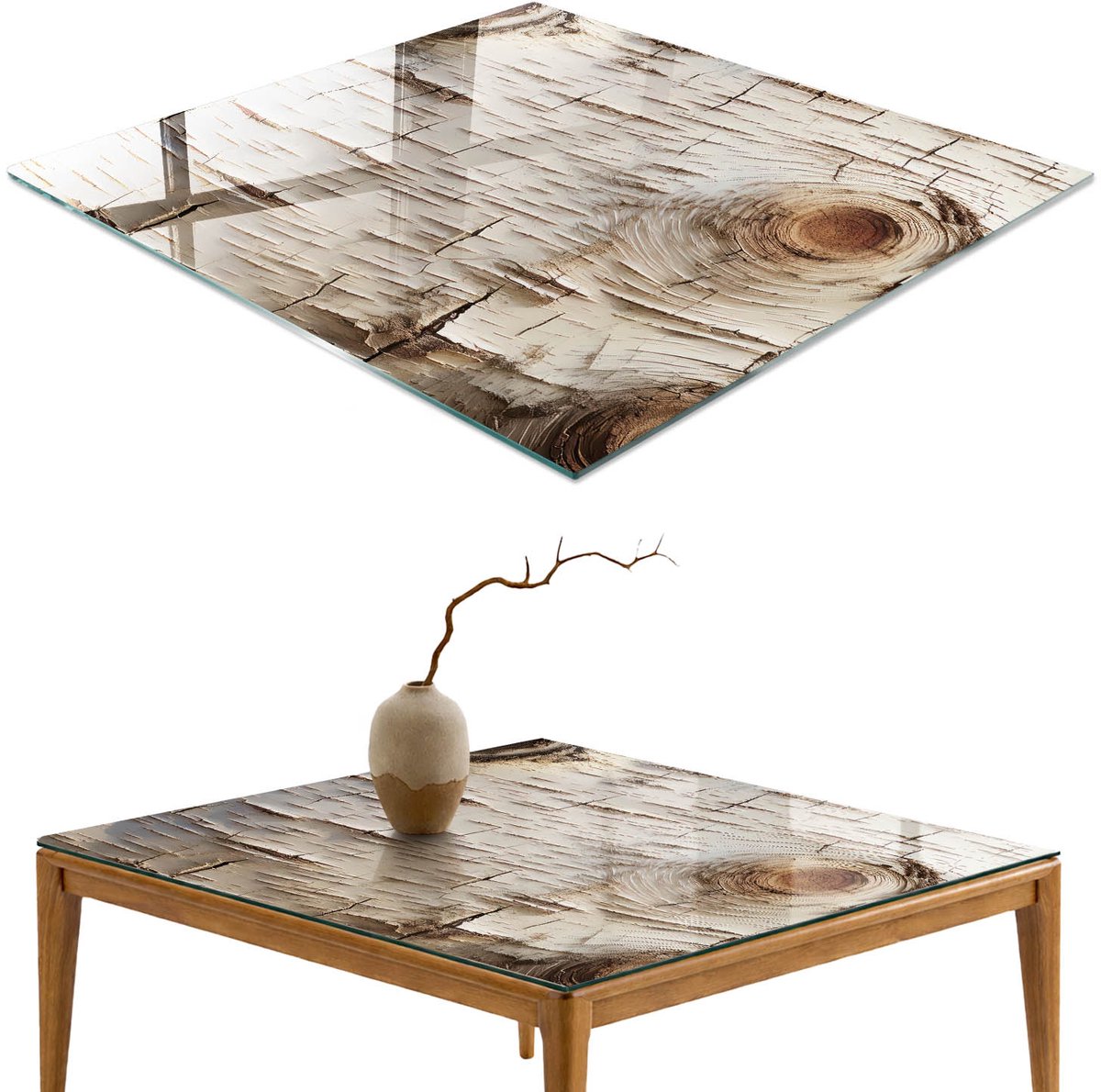 ArtPrintCave Berkenbast Glazen Tafelblad 60x60 cm - Tafelblad Rechthoek - Wit Eettafel Met Glasplaat - Natuur Terrastafel