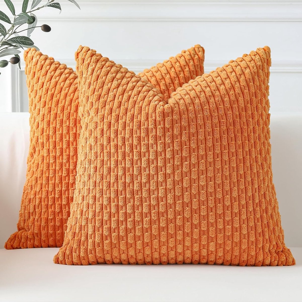 Set van 2 Oranje Zachte Corduroy Decoratieve Kussenhoezen met Boho Strepen voor Sofa en Woonkamer - 40x40cm Kussenhoezen voor Thuisdecoratie en Patio