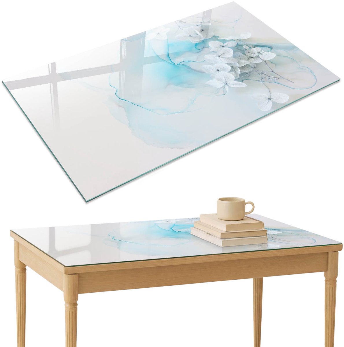 ArtPrintCave Abstracte bloemen Glazen Tafelblad 120x80 cm - Tafelblad Rechthoek - Blauw Terrastafel - Abstractie Eettafel Met Glasplaat