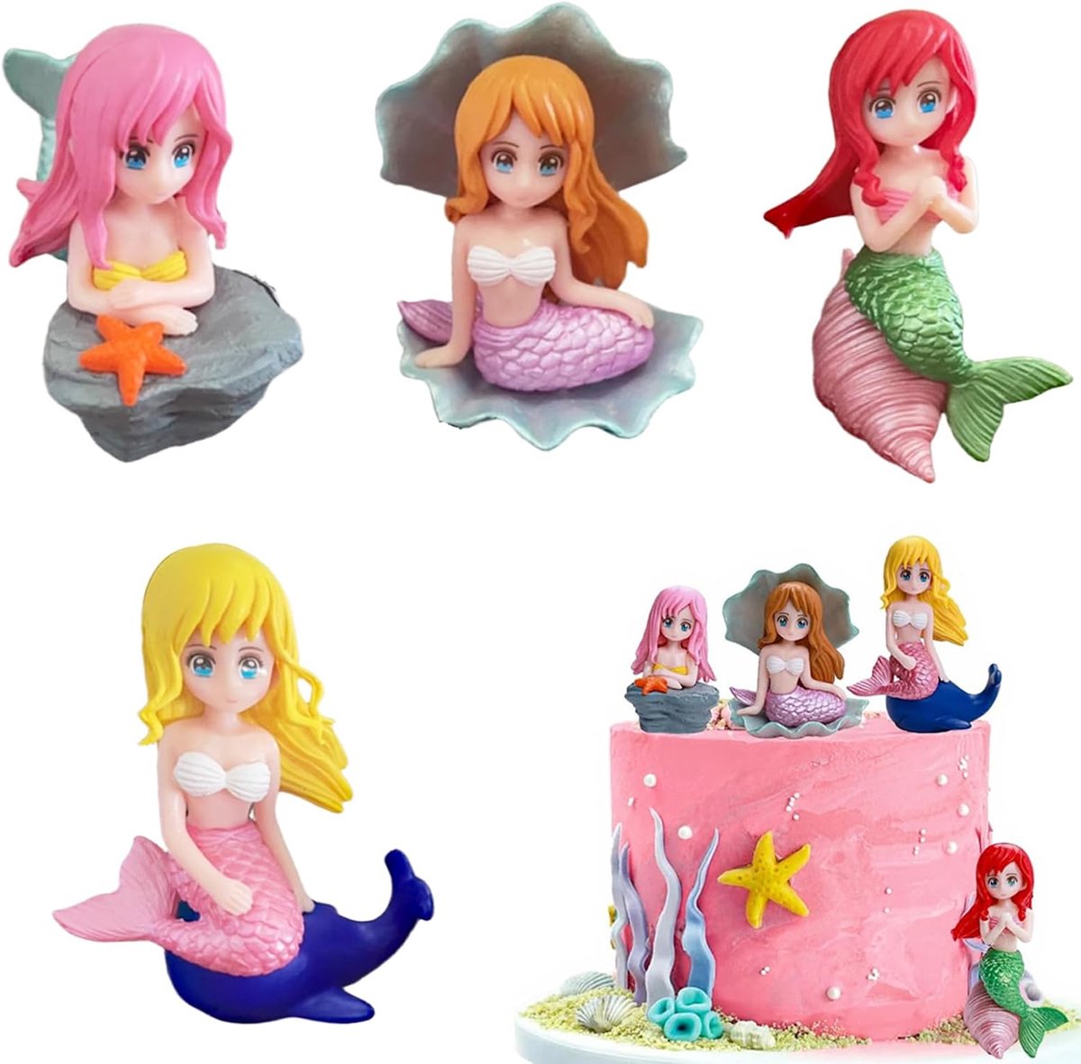 (4 stuks), zeemeermin-taartdecoratie en miniatuur-zeemeermin-ornamenten voor taarten, aquarium, feeëntuin, decoratie en zeemeermin-party, milieuvriendelijk