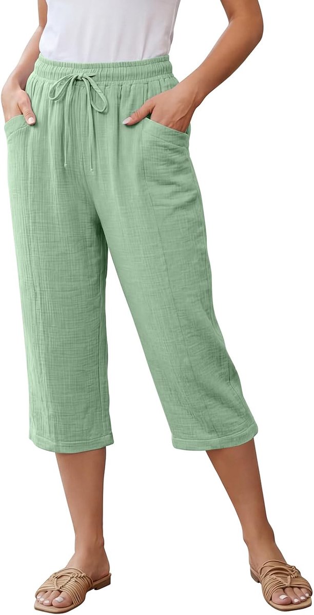 3/4 broek dames zomer capribroek dames zomer lichte mousseline strand capribroek elastische tailleband met trekkoord mousseline broek 3/4 linnen broek met zakken