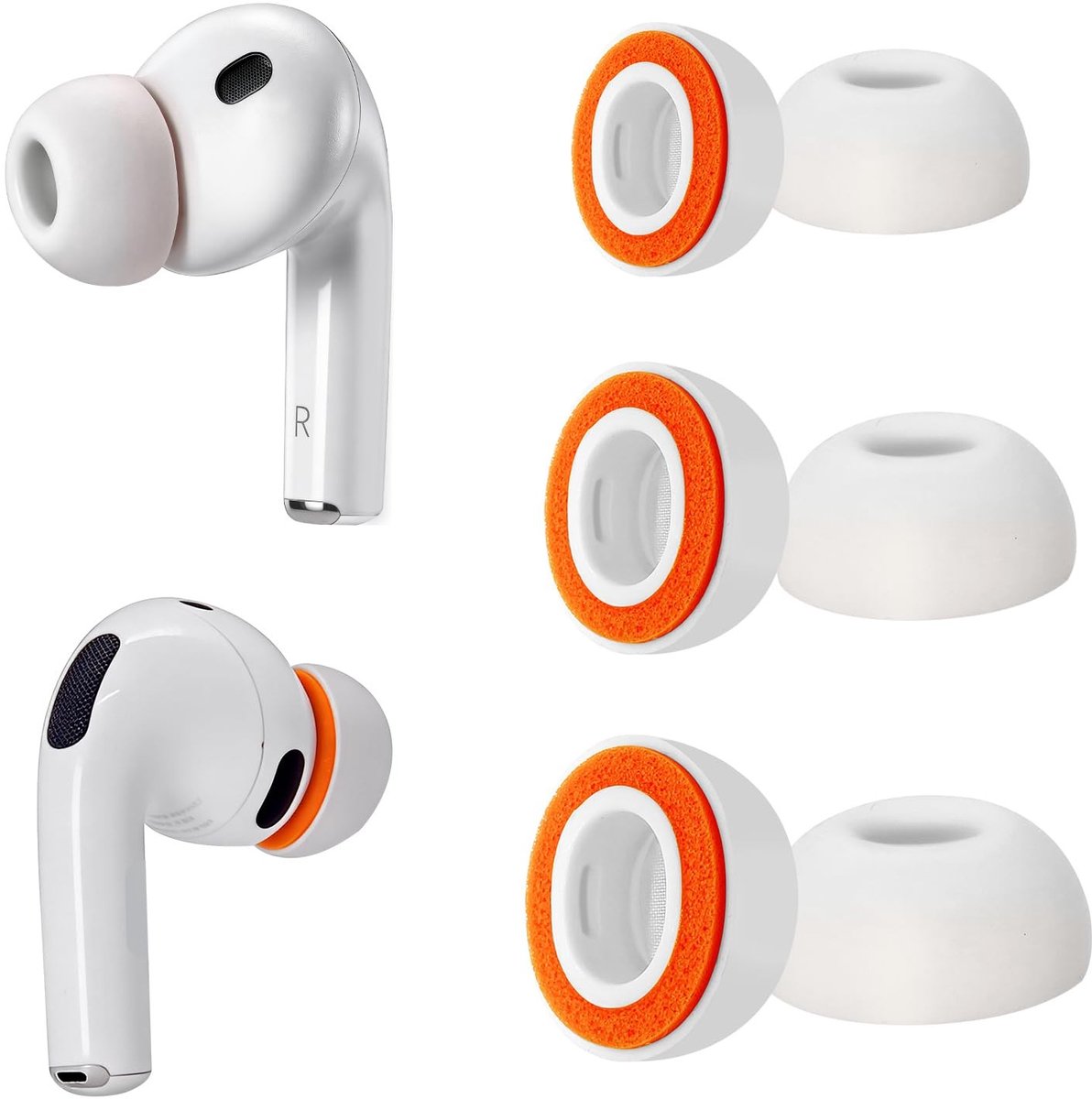 Omgoods - Vervangende Oordopjes voor AirPods Pro 3, Zacht Schuim + Siliconen, 3 Pairs (S/M/L, Wit + Oranje)