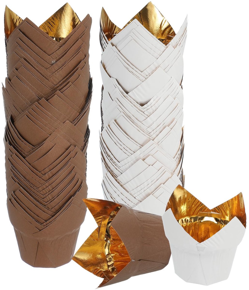 Omgoods - 100 Tulpen Bakvormen voor Gebak - Aluminiumfolie, Anti-Vet, Goud/Wit/Koffie