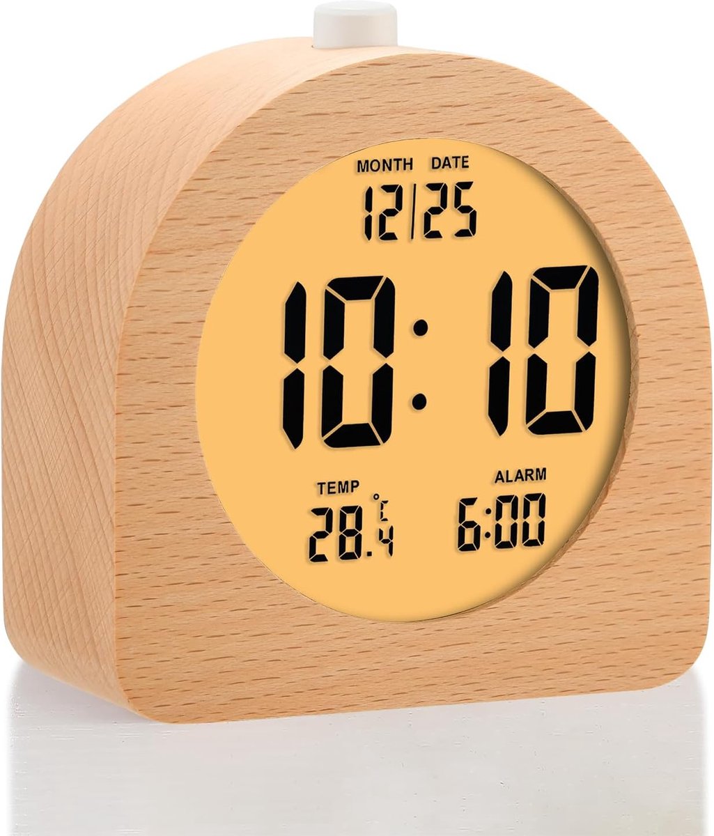Houten Digitale Wekker, Houten 4'' Wekker op Batterijen met Sluimerfunctie en Nachtlampje, LCD-Bureauklok met Weergave van Tijd/Datum/Temp (Bruin, Halfrond 4.2'')