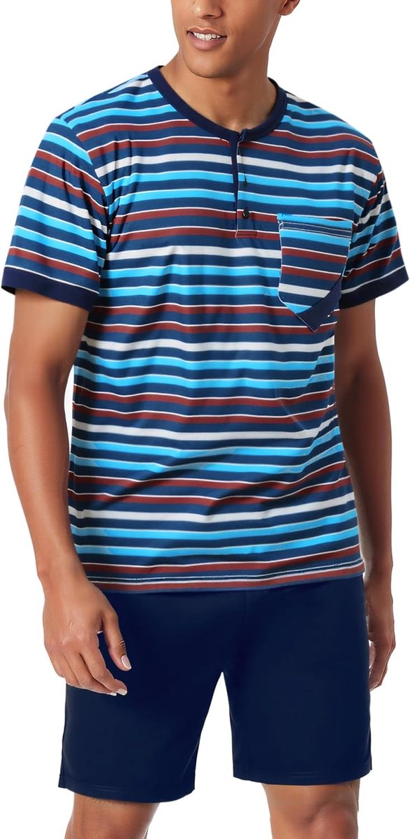 Pyjama voor heren, zomer, katoen, pyjamaset voor heren, kort, gestreept, korte mouwen, met zakken, 2-delig