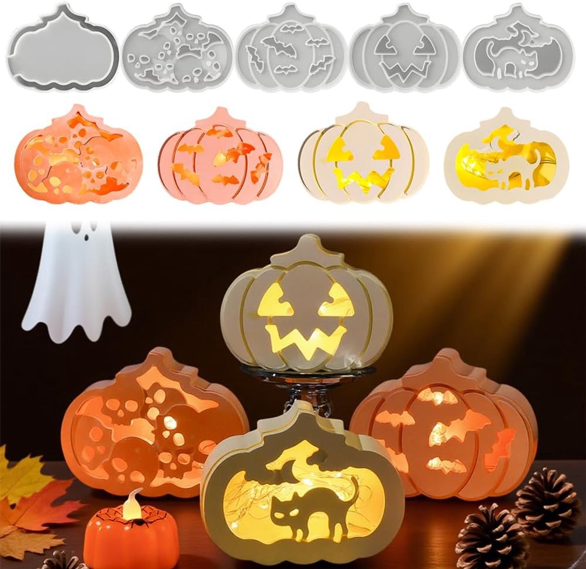 5 stuks Halloween epoxyvorm in pompoenvorm, 3D-kandelaars, Halloween, feestdecoratie, doe-het-zelf, gietvormen van gips