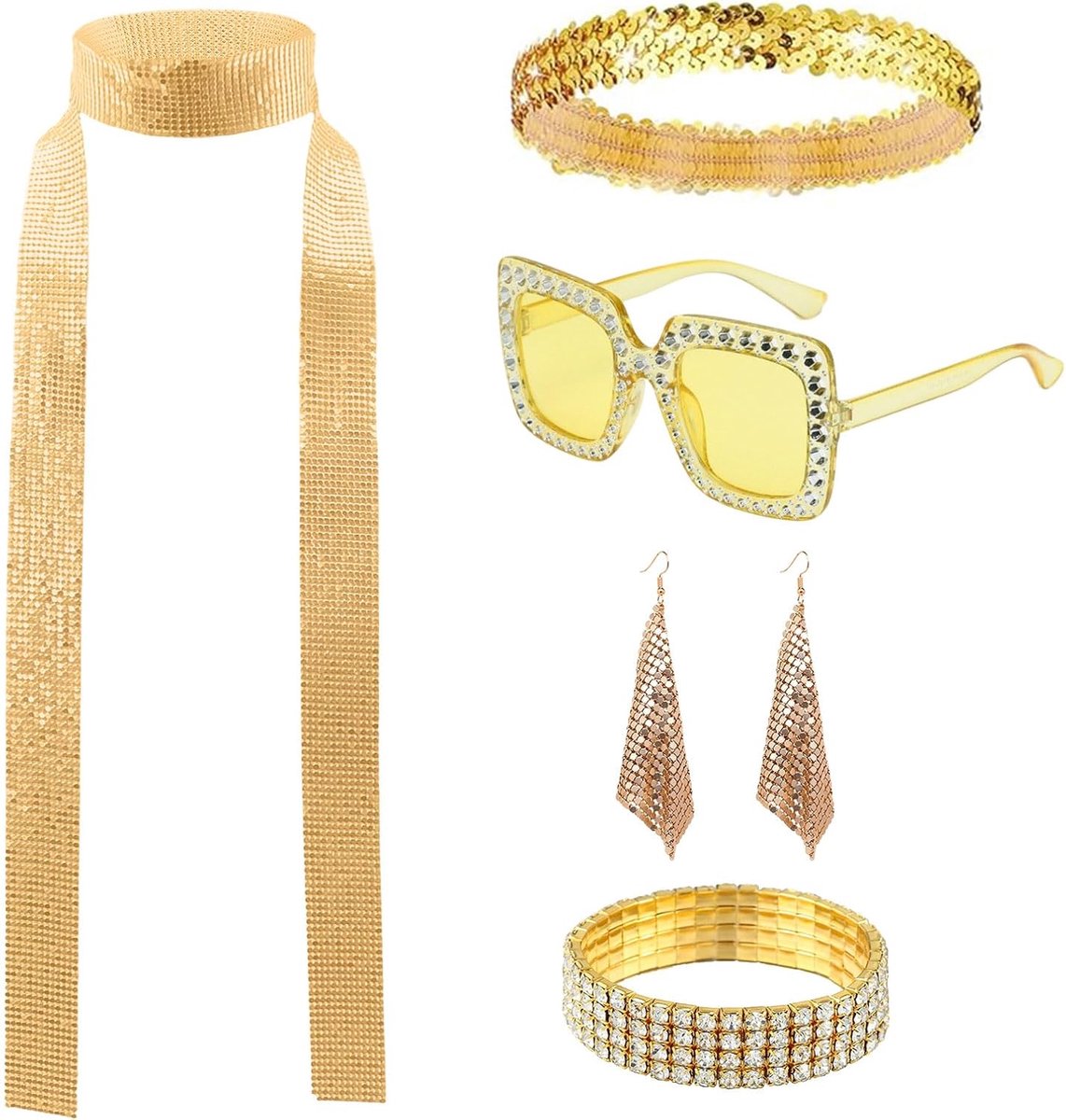 6 stuks jaren 70 en 80 disco accessoires, disco outfit dames, glitter disco pailletten sjaal, zonnebril oorbellen armband en hoofdband, voor carnaval kostuum party