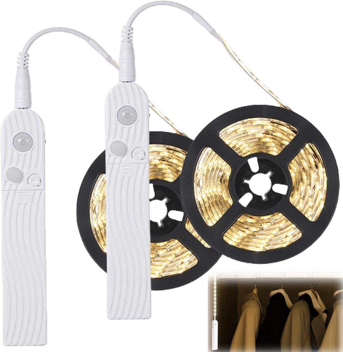 Ledstrip met bewegingsmelder, 2 m, werkt op batterijen, 3500 K, warmwit, kledingkast, lichtbalk voor slaapkamer, USB-oplaadbaar, led-sensorlicht, ledstrip