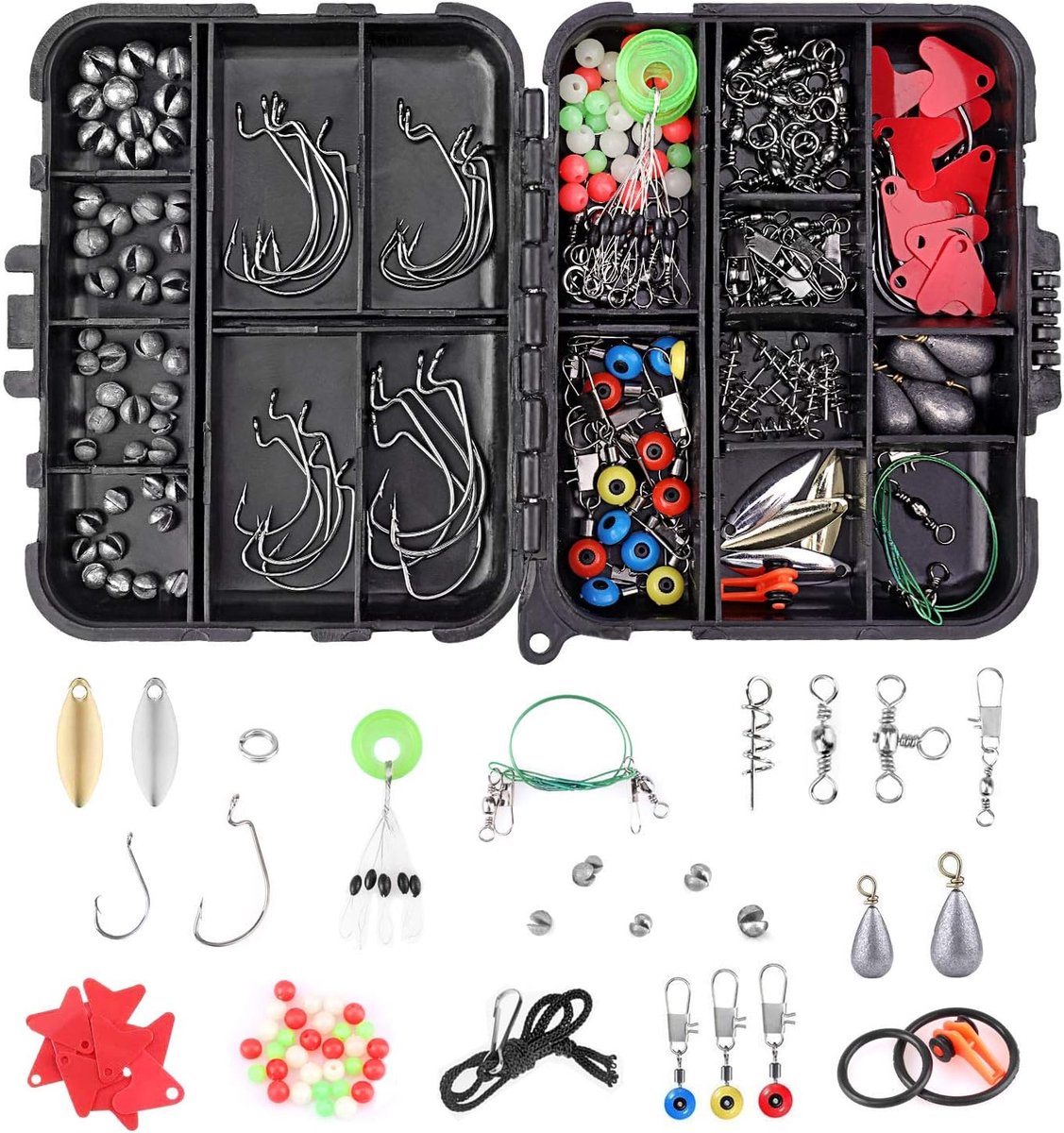 210 stuks met opbergdoos, vishaken, jig haken, verschillende hengelspelden, loodkopjigs, zinker slides, O-ringen, space-bonen, vislijnparels enz