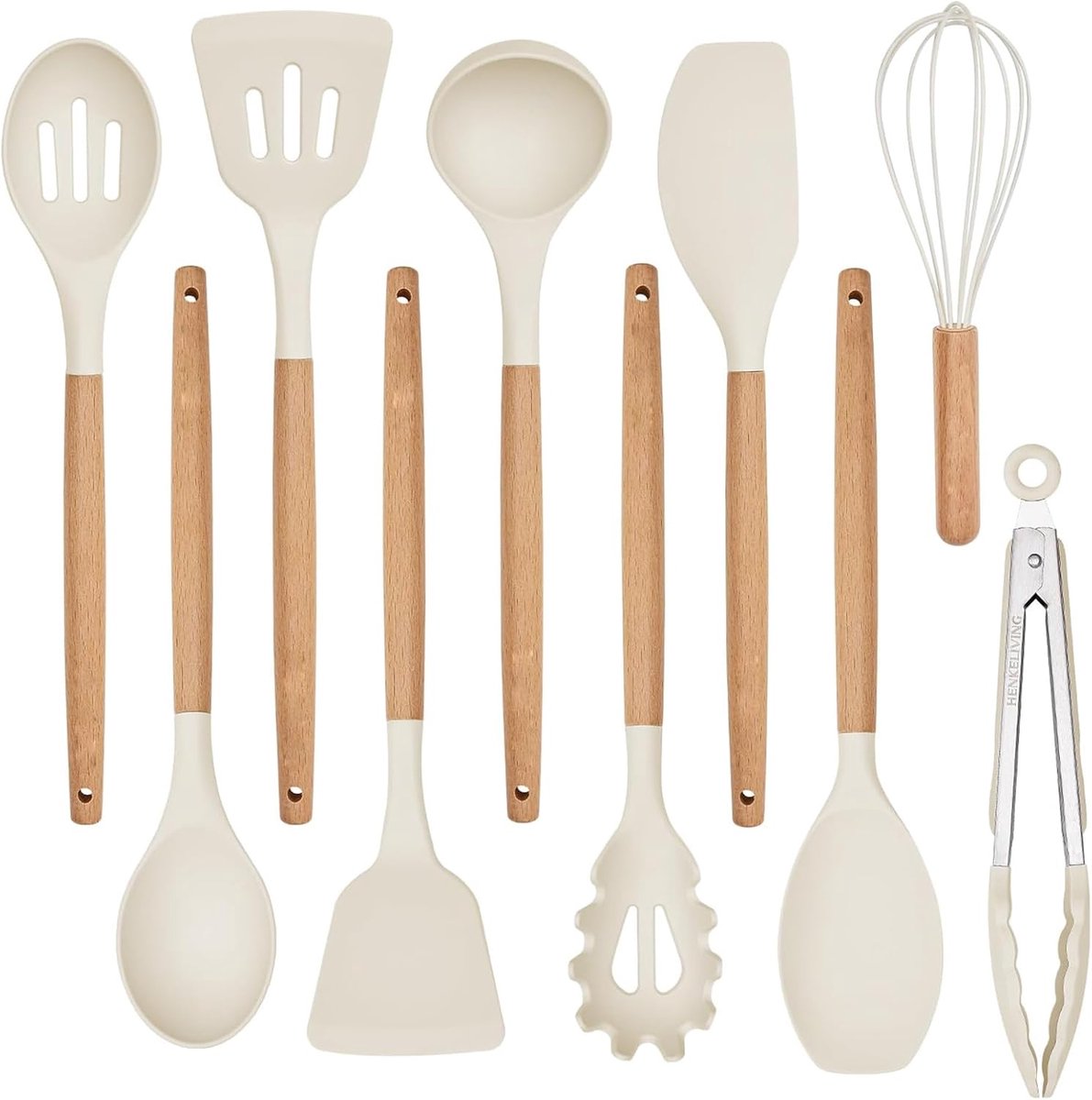 Set, 10-delig Kookgerei Set met BPA-vrije Siliconen Spatel, Hittebestendige Houten Handgrepen voor Anti-aanbak Kookgerei, Gemaakt van Gerecycled Materiaal, Creme Wit