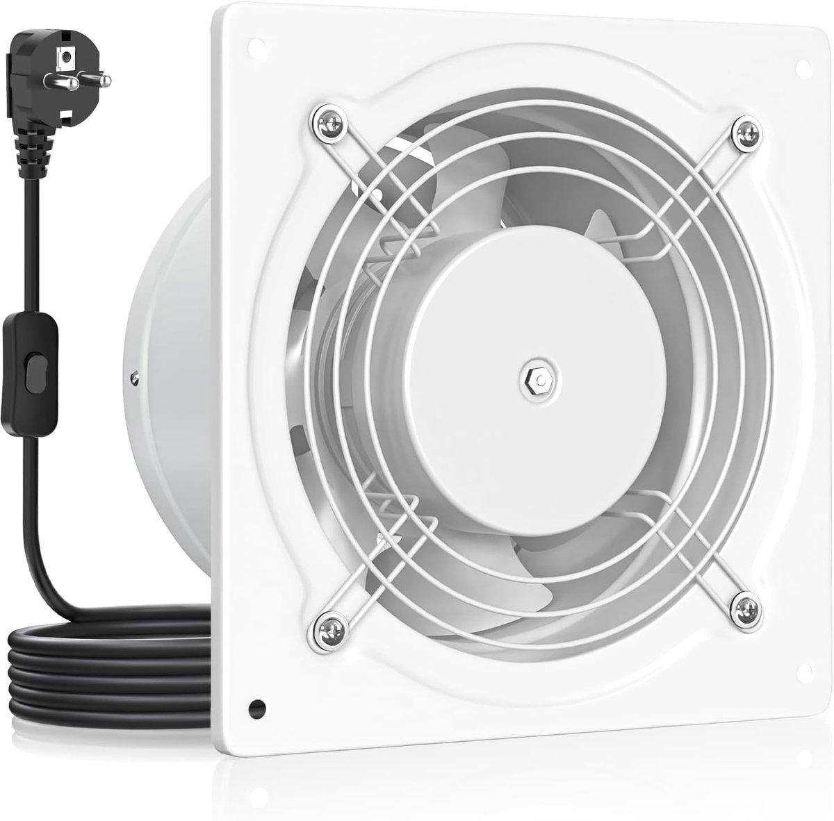 Power Afzuigventilator 150mm - 525m³/h Badventilator Stil met terugloopklep, schakelaar, stekker, 38W Industriële wandventilator voor keuken, badkamer, garage, kelder, wit