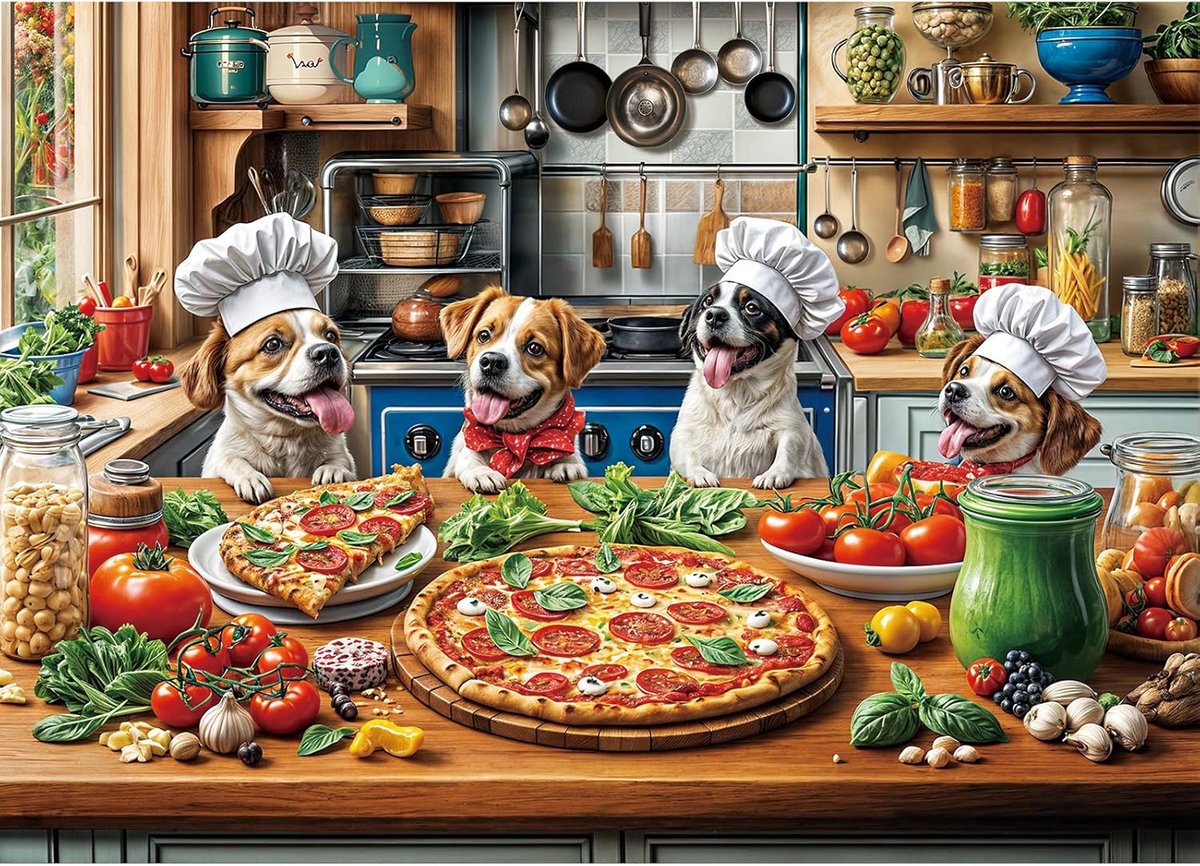 1000 stukjes, volwassen puzzel, uitdagende puzzel, puzzelspellen voor het geheel voor vrouwen, cadeaus voor mannen, thema: pizzadiner voor honden