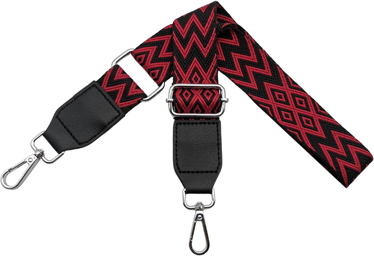 Tasriemen om te wisselen, schouderriem voor tassen, breed, 3,8 cm, van leer met zilveren karabijnhaak, schouderriem, draagband, tasriem voor dames, doe-het-zelf accessoires, zwart/rood, W15