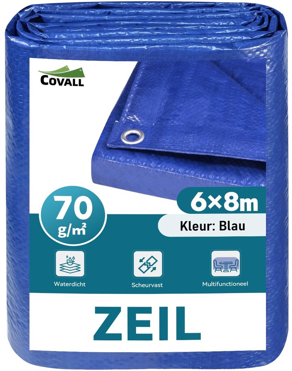 Omgoods - Waterdicht Afdekzeil 70 g/m² - Scheurvast en Versterkt voor Buiten, Blauw, 6x8m