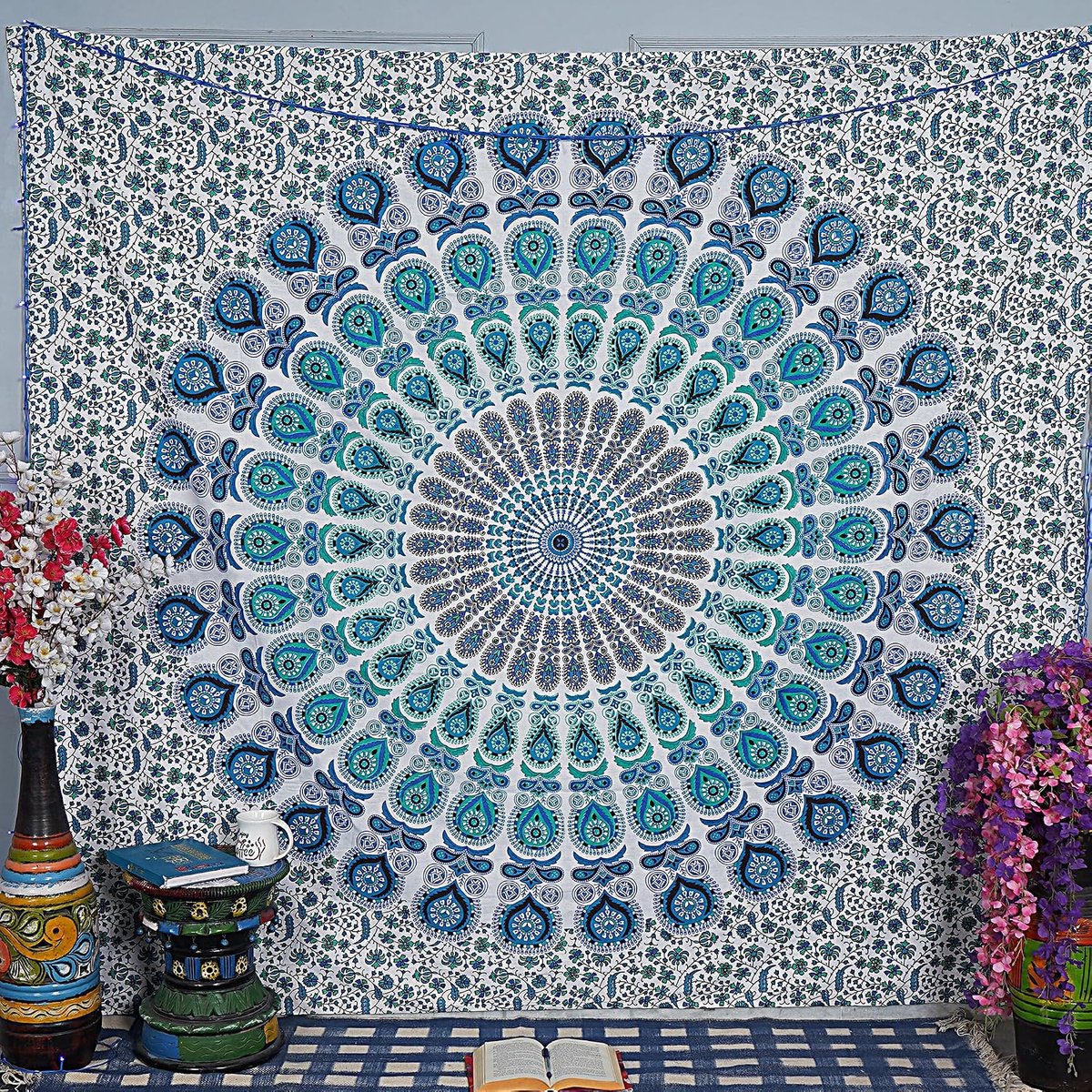 FINESSE Pauw Mandala wandtapijt voor slaapkamer Indiase esthetische Boheemse wandkleden wandtapijten hippie psychedelische kamer decor twin sprei meditatie yogamat - 127 x 152 cm