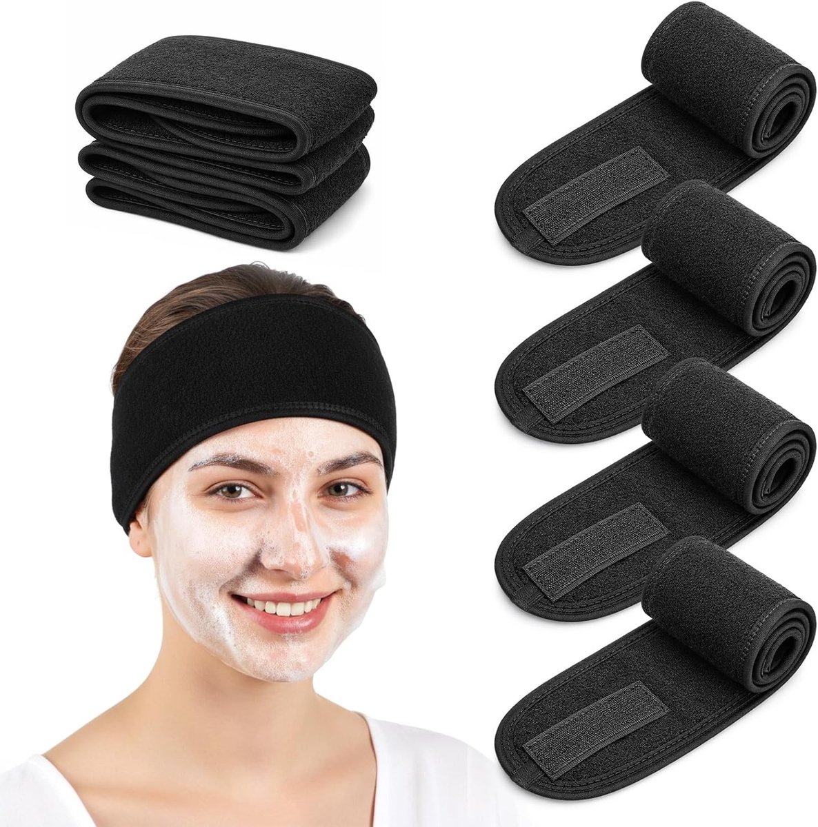 Set van 4 Zwarte Haarbanden voor Vrouwen - Verstelbare Sport Haarbanden voor Make-up, Yoga en Douchegebruik