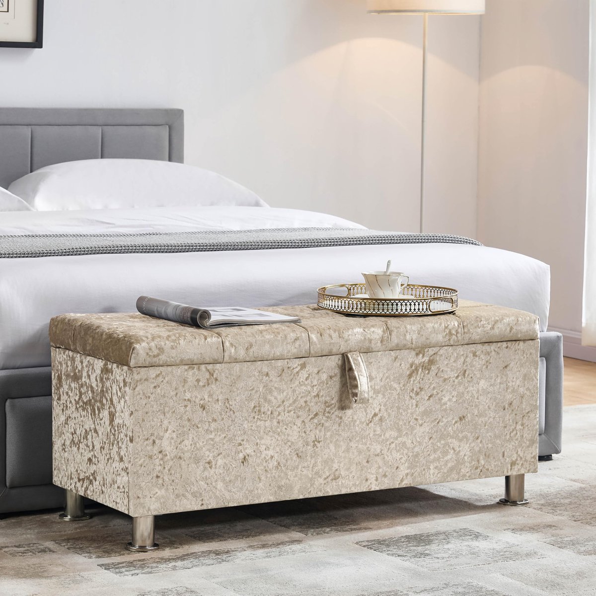 SnelShoppen - Valencia Ottomaanse Opbergpoef 100 x 40 x 44 cm - Champagnefluweel Opbergpoef met Liftdeksel voor Speelgoed, Beddengoed en Voetenbank -